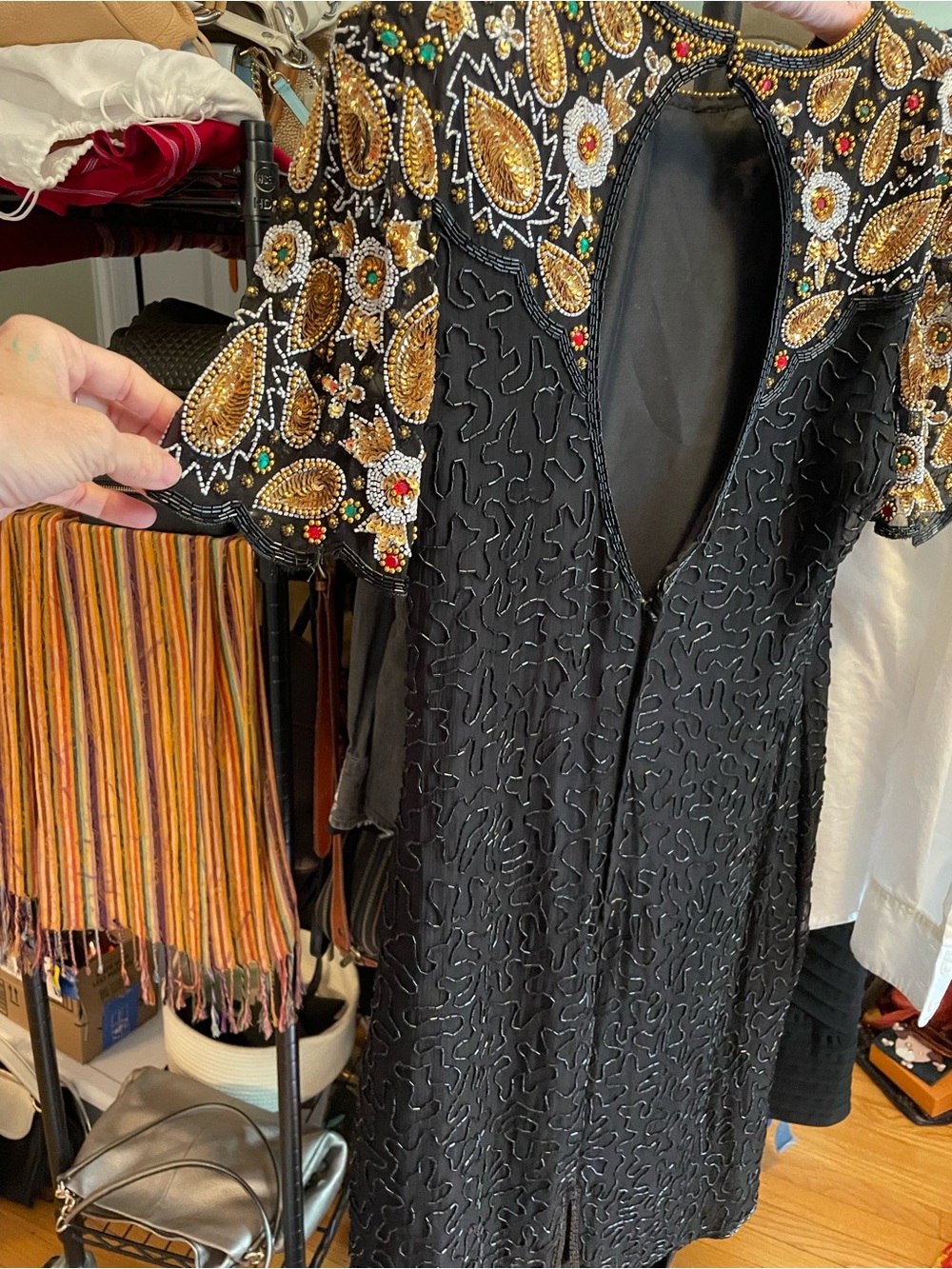 Vintage Laurence Kazar Silk Beaded Dress Black Gold Embellished L - Picture 10 of 10